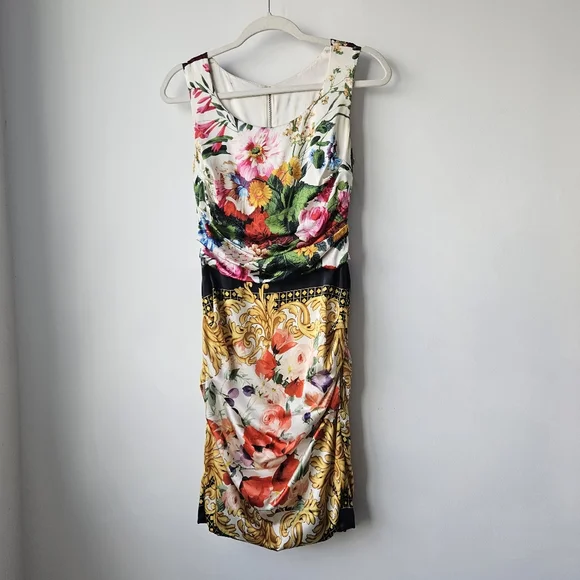 Dolce & Gabbana Silk Floral Bouquet Iconic Sleeveless Rouched Dress - Picture 6 of 15